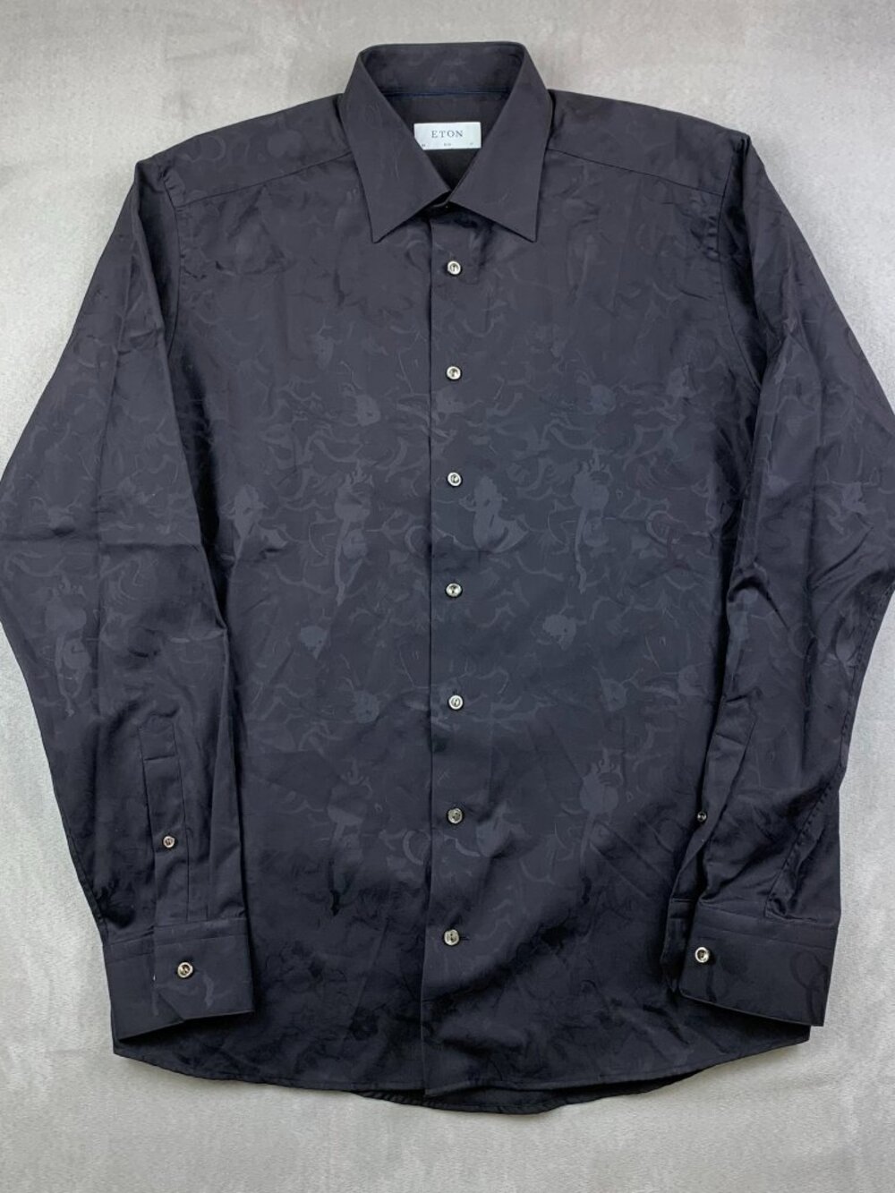 Eton Mens Shirt 43 17 Black Floral Jacquard Button Up Long Sleeve 100% Cotton